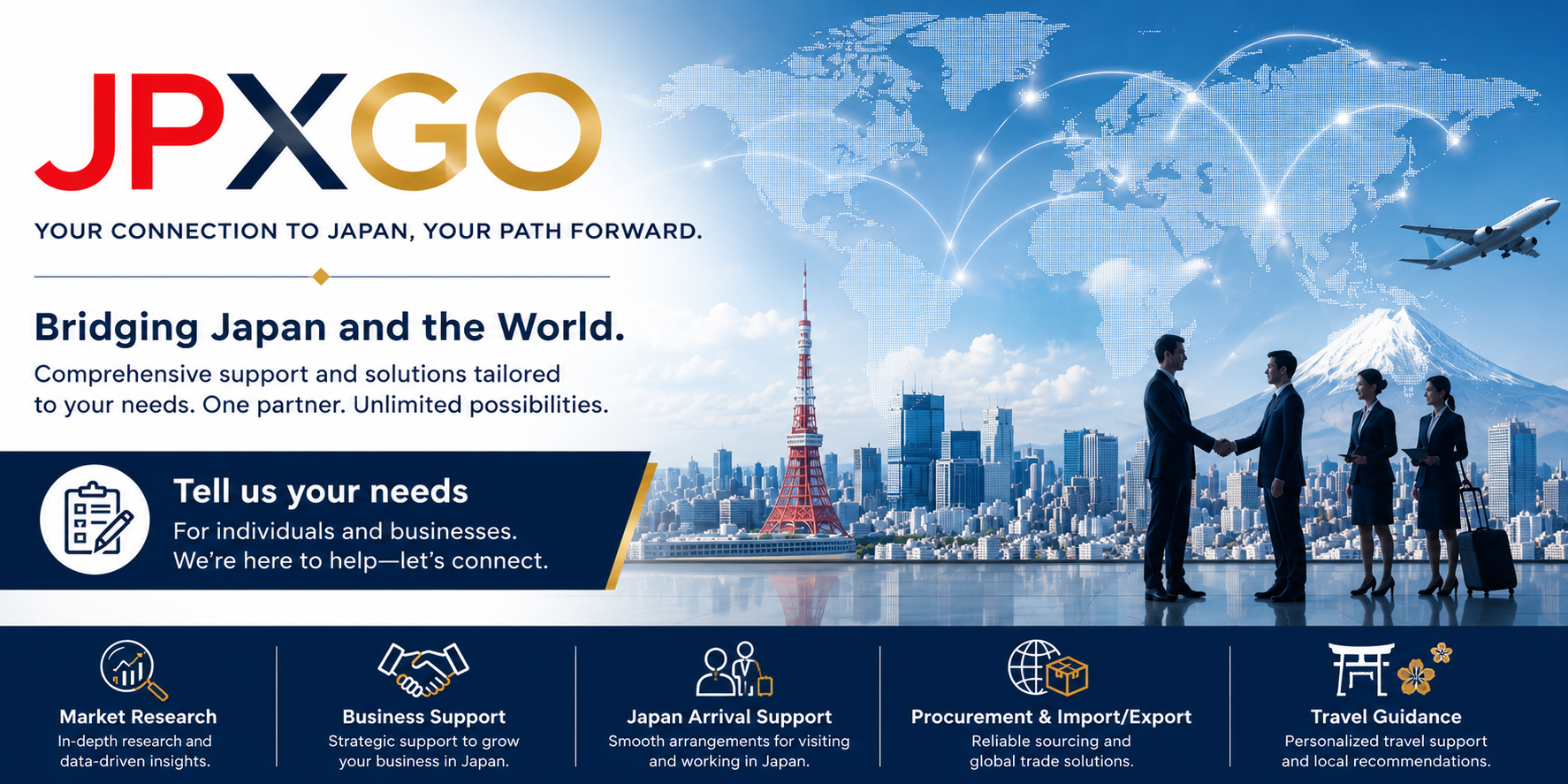 JPXGO — Your connection to Japan, your path forward. Bridging Japan and the World. Support for individuals and businesses. Tell us your needs.